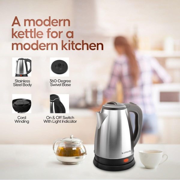 (Refurbished) Longway Kestro 1500W Electric Kettle with Stainless Steel Body, 2 litre - Auto Power Cut used for boiling Water, making tea and coffee, instant noodles, soup etc. (Black & Silver) Cheap