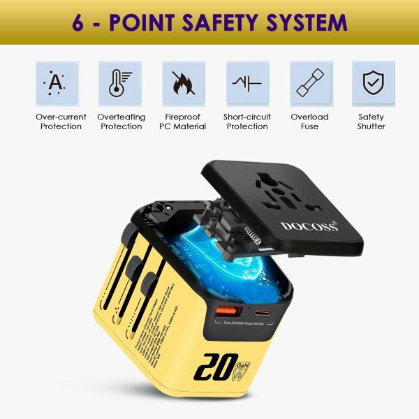 Docoss Fast Charging Universal Travel Adapter International All-in-One Adapter with Type C,QC 3.0,W 3.1A Universal Adapter for UK,US,EU-Universal Plug Power Adapter(Yellow-Black) Cheap