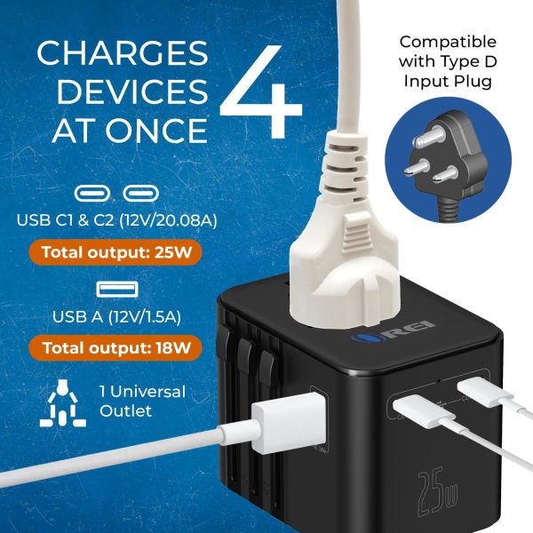 OREI 25Watt Universal Charger Adapter | 2X USBC 1XUSB A - 4-in-1 International Travel Adapter | 10 Years Warranty | Universal Travel Adapter Compatible 150+ Countries | Type C, A, G, I Compatible Fashion