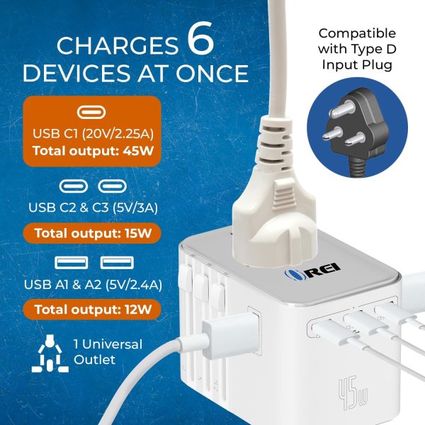 OREI 45Watt Universal Charger Adapter | 3X USBC-2XUSB A | 6-in-1 International Travel Adapter|Universal Travel Adapter Compatible W Type C, A, G, I Hot on Sale