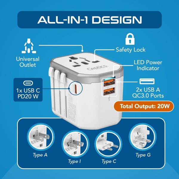 Ceptics 4 in 1 Universal Travel Adapter with Type C - Universal Plug Socket, USB QC 3.0-20W USB-C International Travel Adapter with Lifetime Limited Warranty, Worldwide Travel Adapter, White Hot on Sale