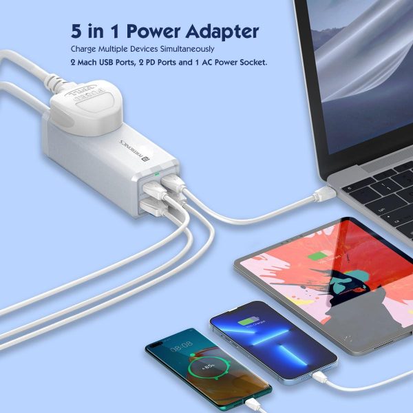 Portronics Adapto Volt 65 65W High Speed 5-in-1 Power Strip with 2 Type C PD Ports, 2 Mach USB Ports and 1 AC Power Socket, Compatible with Laptop,Smartphones, iPhones, Tablet, Power Bank(White) Hot on Sale