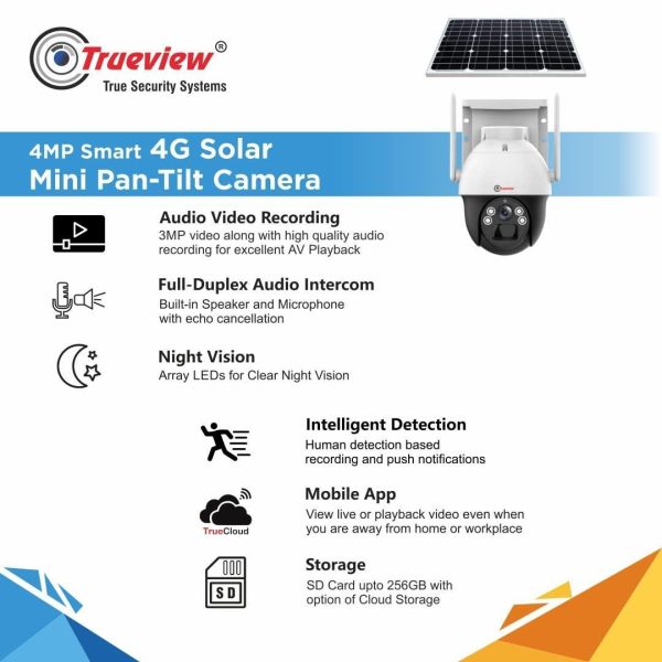 Trueview 4G Sim 4Mp Solar Powered CCTV Security Camera with Solar Panel | Surveillance for Agriculture | Remote Area | Construction Site | Garden (4MP Solar Mini PTZ) Online Sale