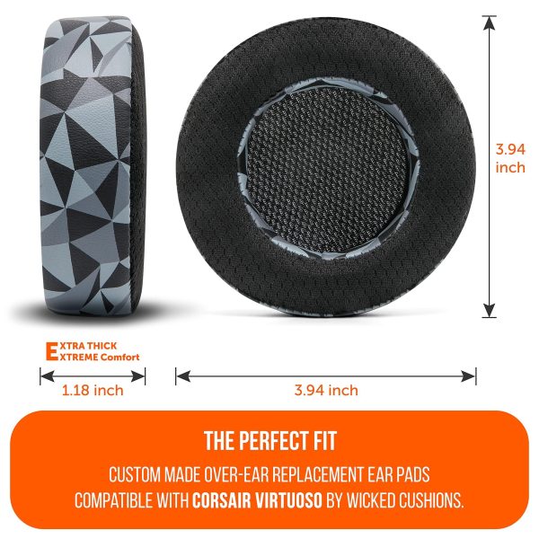 WC Freeze Virtuoso - Hybrid Fabric Cooling Gel Replacement Earpads for Corsair Virtuoso Gaming Headset, Made by Wicked Cushions, Improved Durability, Thickness and Sound Isolation | (Geo Grey) For Sale