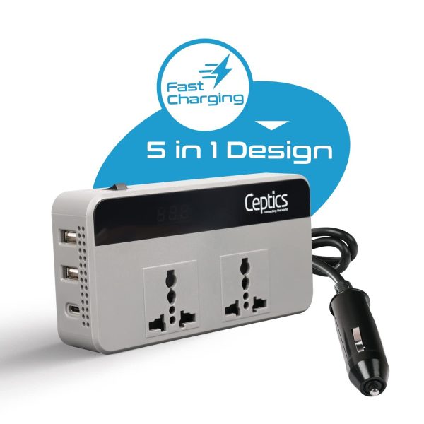 Ceptics 200W Car Laptop Charger Power Inverter with 2 USB(3.1A Max) + 1 C Type(1 * 18W PD) Smart USB Charging Ports, 12V DC to 220V AC, 2X Universal AC Outlet, Grey, 18 Months Warranty Online Hot Sale