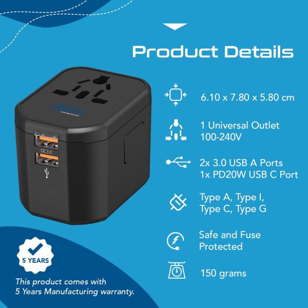 Ceptics 4 in 1 Universal Charger Adapter, 2 USB QC 3.0, 20W USB-C Universal Travel Adapter All in One Fast Charging, International Travel Adapter Lifetime Limited Warranty, for EU, UK, USA AUS, Black For Sale