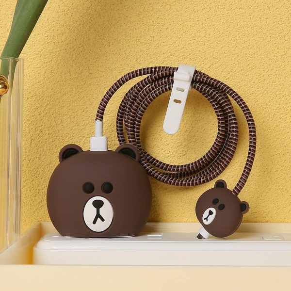 Cartoon 3D Design Protective Case for 18W 20W iPhone 14 13 12 11 Pro Max Fast Charging Cable Adapter Charger, Cute Cartoon Lightning Data Cable Case for iPhone Charger Brown Bear Online now