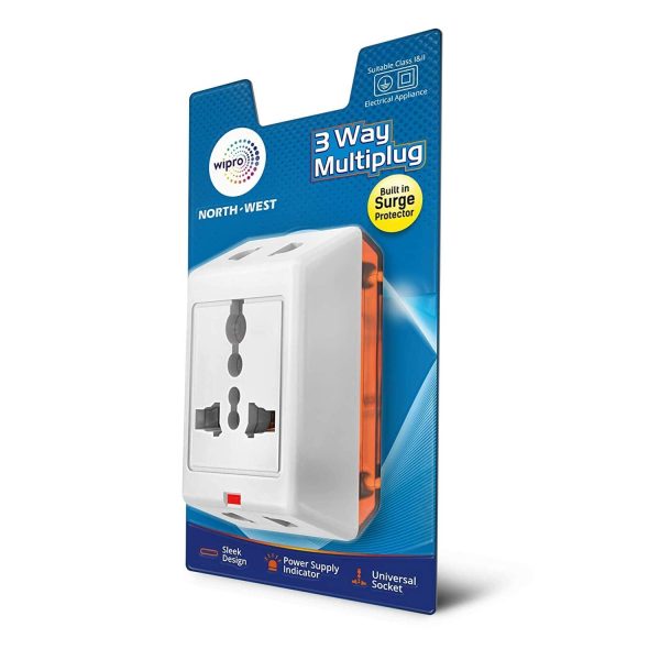 Wipro 3 Way Multiplug Adaptor with 1 Universal Socket |Inbuilt Surge Protection & Power Supply Indicator | Compact & Light Weight | 6Amp Multiplug Socket for Home, Office | Pack of 1 (White) Discount