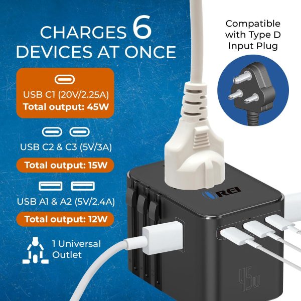 OREI 45Watt Universal Charger Adapter | 3X USBC 2XUSB A - 6-in-1 International Travel Adapter | 10 Years Warranty | Universal Travel Adapter Compatible 150+ Countries | Type C, A, G, I Compatible Online Sale