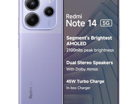 Redmi Note 14 5G (Phantom Purple, 8GB RAM 128GB Storage) | Global Debut MTK Dimensity 7025 Ultra | 2100 nits Segment Brightest 120Hz AMOLED | 50MP Sony LYT 600 OIS+EIS Triple Camera For Sale