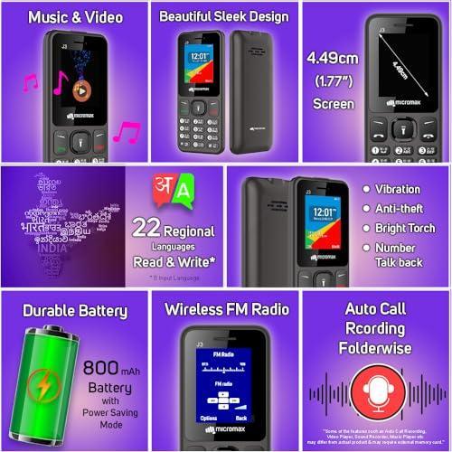 (Refurbished) Micromax All-New J3 Sleek & Stylish |Keypad Mobile with 1.77  Screen|Auto Call Recording | Bright Torch| Wireless FM |Grey| For Cheap