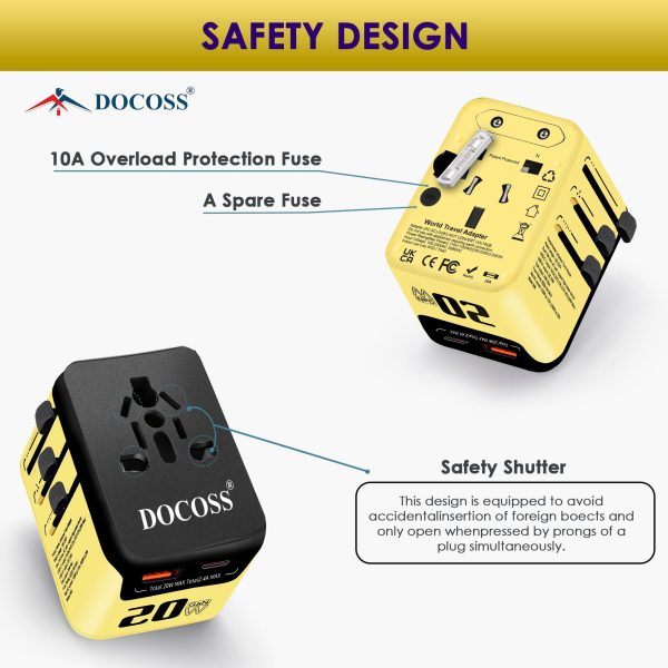 Docoss Fast Charging Universal Travel Adapter International All-in-One Adapter with Type C,QC 3.0,W 3.1A Universal Adapter for UK,US,EU-Universal Plug Power Adapter(Yellow-Black) Cheap