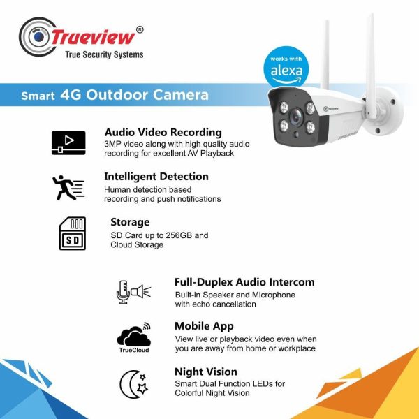 Trueview 3mp All Time Color 4G Sim Based Bullet CCTV Security Camera for Home, Shop, Office, Farm, and Construction Site | IP66 Waterproof Rating Fashion