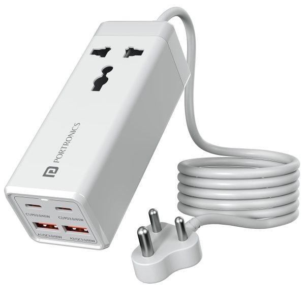 Portronics Adapto Volt 65 65W High Speed 5-in-1 Power Strip with 2 Type C PD Ports, 2 Mach USB Ports and 1 AC Power Socket, Compatible with Laptop,Smartphones, iPhones, Tablet, Power Bank(White) Hot on Sale