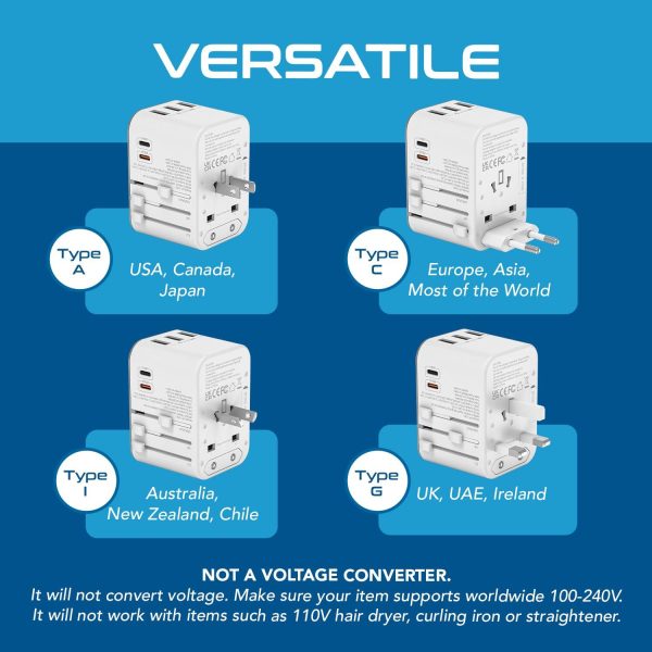 Ceptics 6 in 1 Universal Travel Adapter with Type C - Worldwide Travel Adapter, Universal Plug Socket, 3xUSB-A, 1xPD QC 3.0 & 1x USB-C, W 3.1A Fast Charging - International Travel Adapter - White Fashion