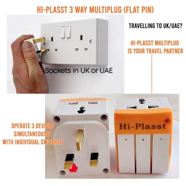 Hi-PLASST (3Pc) UK Multiplug Type-G Flat Pin Plug 13-A Universal 3 Pin Multi-Plug Socket, Plug Converter with Individual Switch, Travel Power Adapter & Surge Protector for UK Hongkong London Ireland Hot on Sale