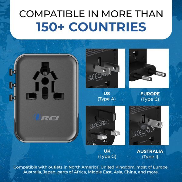 OREI 25Watt Universal Charger Adapter | 2X USBC 1XUSB A - 4-in-1 International Travel Adapter | 10 Years Warranty | Universal Travel Adapter Compatible 150+ Countries | Type C, A, G, I Compatible Fashion