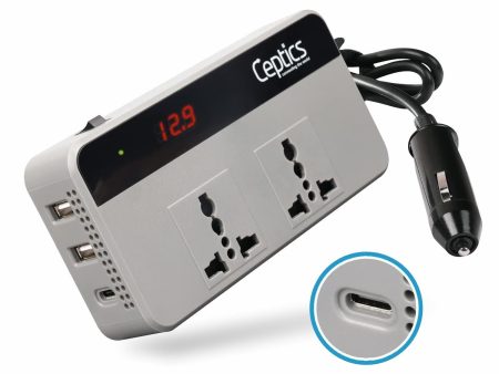 Ceptics 200W Car Laptop Charger Power Inverter with 2 USB(3.1A Max) + 1 C Type(1 * 18W PD) Smart USB Charging Ports, 12V DC to 220V AC, 2X Universal AC Outlet, Grey, 18 Months Warranty Online Hot Sale