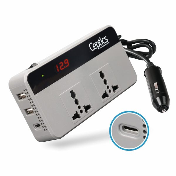 Ceptics 200W Car Laptop Charger Power Inverter with 2 USB(3.1A Max) + 1 C Type(1 * 18W PD) Smart USB Charging Ports, 12V DC to 220V AC, 2X Universal AC Outlet, Grey, 18 Months Warranty Online Hot Sale