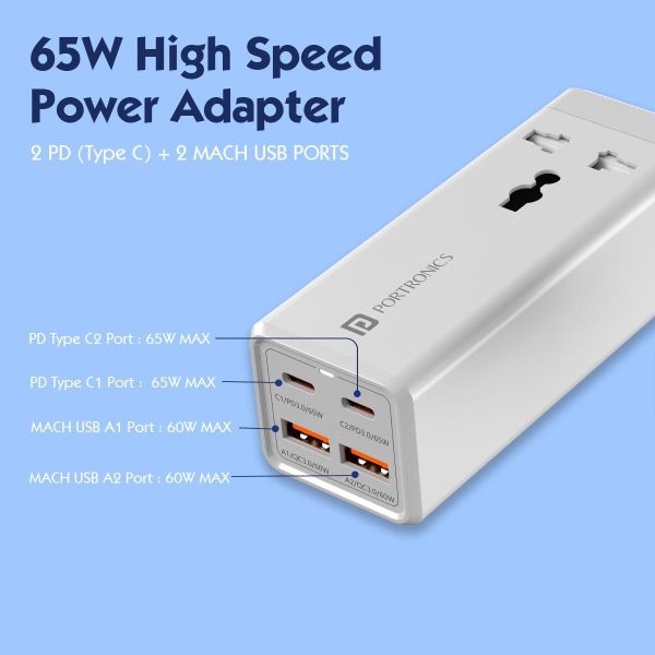 Portronics Adapto Volt 65 65W High Speed 5-in-1 Power Strip with 2 Type C PD Ports, 2 Mach USB Ports and 1 AC Power Socket, Compatible with Laptop,Smartphones, iPhones, Tablet, Power Bank(White) Hot on Sale