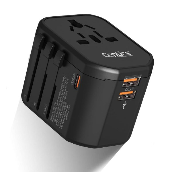 Ceptics 4 in 1 Universal Charger Adapter, 2 USB QC 3.0, 20W USB-C Universal Travel Adapter All in One Fast Charging, International Travel Adapter Lifetime Limited Warranty, for EU, UK, USA AUS, Black For Sale