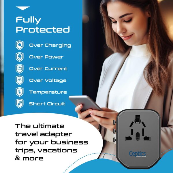 Ceptics 4 in 1 Universal Charger Adapter, 2 USB QC 3.0, 20W USB-C Universal Travel Adapter All in One Fast Charging, International Travel Adapter Lifetime Limited Warranty, for EU, UK, USA AUS, Black For Sale