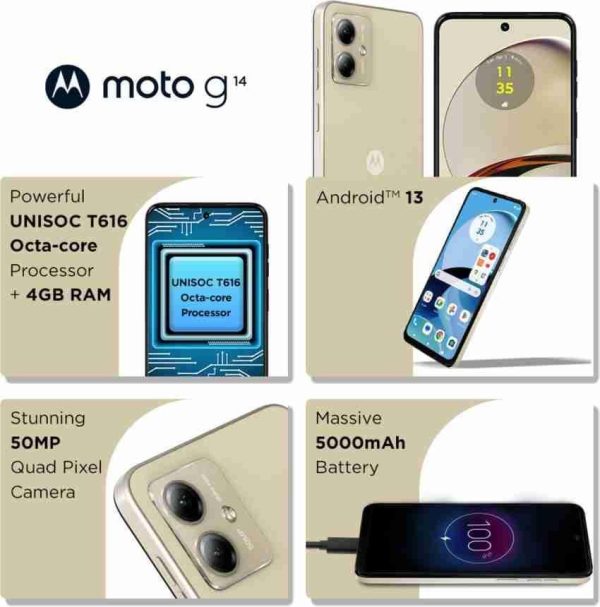 (Refurbished) Motorola G14 (Butter Cream, 4GB RAM, 128GB Storage) Fashion