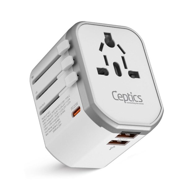 Ceptics 4 in 1 Universal Travel Adapter with Type C - Universal Plug Socket, USB QC 3.0-20W USB-C International Travel Adapter with Lifetime Limited Warranty, Worldwide Travel Adapter, White Hot on Sale