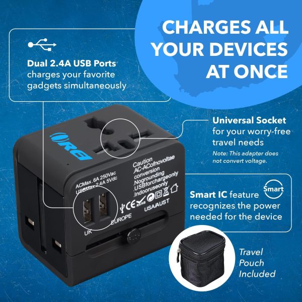 Orei Universal Travel Adapter with 2 USB Ports, 3 in 1 Universal Charger, International Travel Adapter for Cell Phones, Tablets, Camera, for Travelers to US, Europe, UK & More Online Sale