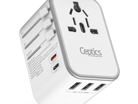 Ceptics 6 in 1 Universal Travel Adapter with Type C - Worldwide Travel Adapter, Universal Plug Socket, 3xUSB-A, 1xPD QC 3.0 & 1x USB-C, W 3.1A Fast Charging - International Travel Adapter - White Fashion