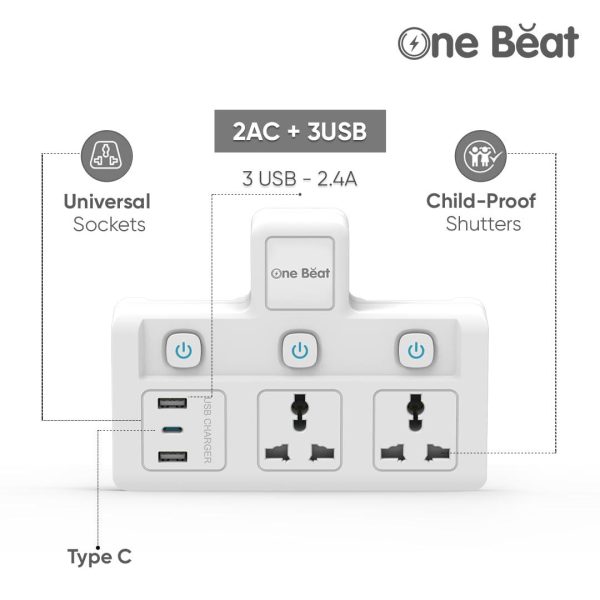 One Beat Cordless Extension Board with Individual Switch-Multi Plug Socket with 2 USB A & 1 USB C Slot - Flex Board with Safety Shutter Protection Online Sale