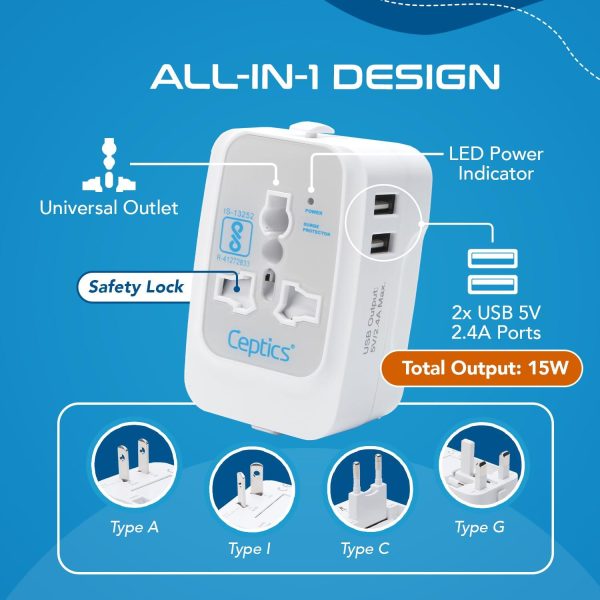 Ceptics Universal Travel Adapter, International All in One Travel Adapter, Universal Travel Accessories with 2xUSB 2.4A, Travel Charger, International Travel Adapter – 3 Pack Supply