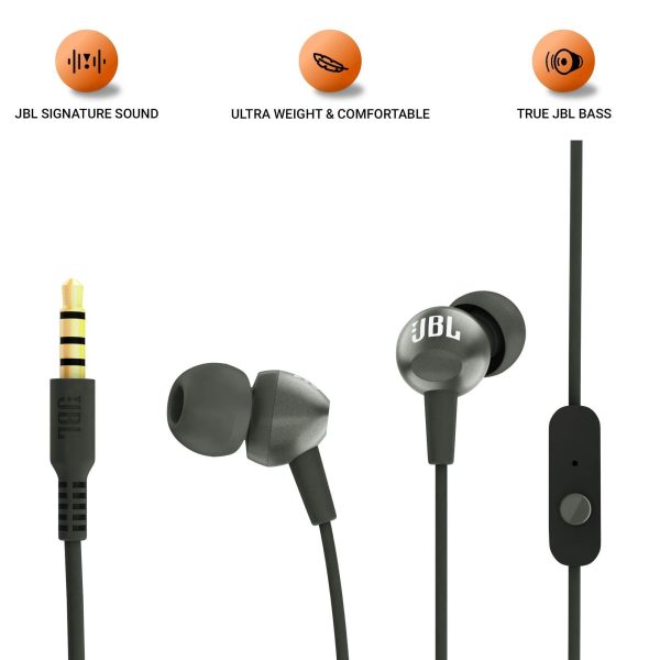 JBL C200SI, Premium in Ear Wired Earphones with Mic, Signature Sound, One Button Multi-Function Remote, Premium Metallic Finish, Angled Earbuds for Comfort fit (Gun Metal) on Sale