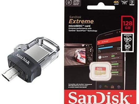 SanDisk Extreme microSD UHS I Card 128GB for 4K Video on Smartphones,Action Cams 190MB s Read,80MB s Write & Ultra Dual 64 GB USB 3.0 OTG Pen Drive (Black) Supply