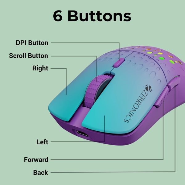 ZEBRONICS MARINE Wireless Mouse with Rechargeable Battery, BT + 2.4GHz, 6 Buttons, 4 DPI, 1000 1600 2400 3200, Comfortable & Ergonomic Design, Multicolor LED lights (Purple) on Sale