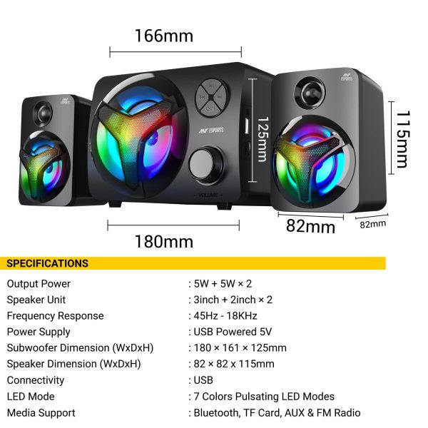 Ant Esports GS350 Pro 2.1 Stereo Gaming Speakers 15W,USB Powered Bluetooth Desktop Speaker Plus 3.5 mm Aux-in, in-line VolumeControl,RGB LED Lights Multimedia Speakers for PC, Laptop,Tablet,Cellphone For Discount