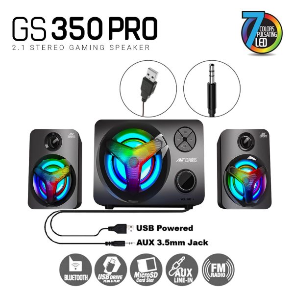 Ant Esports GS350 Pro 2.1 Stereo Gaming Speakers 15W,USB Powered Bluetooth Desktop Speaker Plus 3.5 mm Aux-in, in-line VolumeControl,RGB LED Lights Multimedia Speakers for PC, Laptop,Tablet,Cellphone For Discount