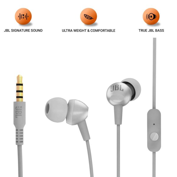 JBL C200SI, Premium in Ear Wired Earphones with Mic, Signature Sound, One Button Multi-Function Remote, Premium Metallic Finish, Angled Earbuds for Comfort fit (Gray) Online now