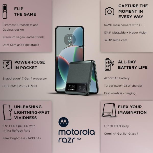 (Refurbished) Motorola razr 40 (Sage Green, 8GB RAM, 256GB Storage) | External AMOLED Display | 6.9  AMOLED 144Hz Display | 64MP Main Camera | Android 13 Discount