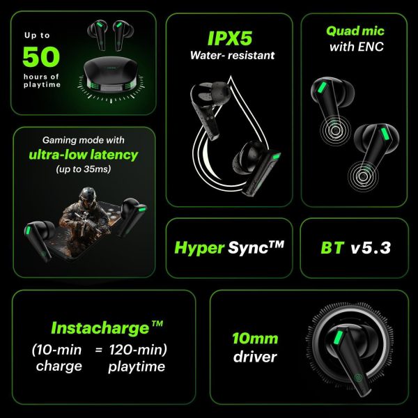 Noise Buds Combat Z in-Ear Truly Wireless Gaming Earbuds with 35ms Low Latency, 50H of Playtime, Instacharge(10 min=120 min),10mm Driver,BT v5.3(Stealth Black) Fashion