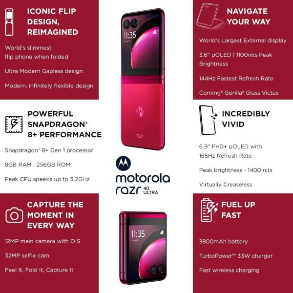 (Refurbished) Motorola razr 40 Ultra (Viva Magenta, 8GB RAM, 256GB Storage) | 3.6  External AMOLED Display | 6.9  AMOLED 165Hz Display | 32MP Selfie Camera |30W TurboPower Charging | Android 13 on Sale