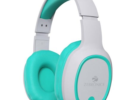 ZEBRONICS Thunder Bluetooth 5.3 Wireless Over Ear Headphones with 60H Backup, Gaming Mode, Dual Pairing, ENC, AUX, Micro SD, Voice Assistant, Comfortable Earcups, Call Function(Sea Green) For Cheap